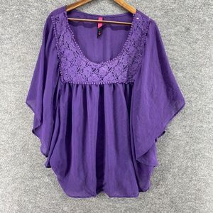 Pure Energy Blouse Women 4 Purple Floral Crochet 3/4 Sleeve Round Neck Casual